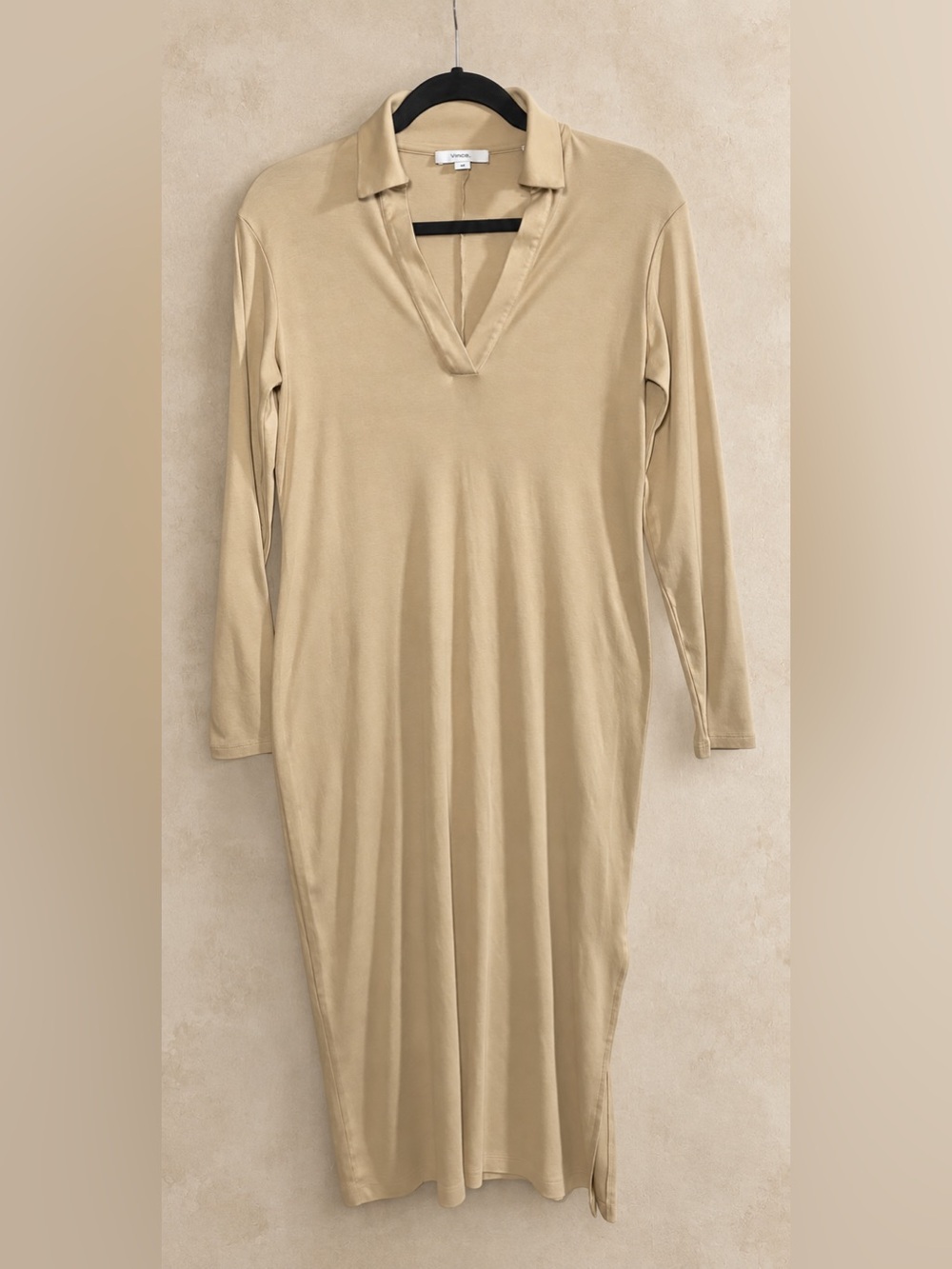 Vince Pima Cotton Johnny Collar Midi Dress M Tan Quiet Luxury